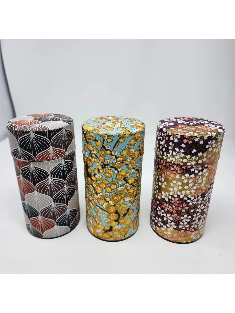 Set of 3 Japanese Made Tea Tins Floral Chai Canisters